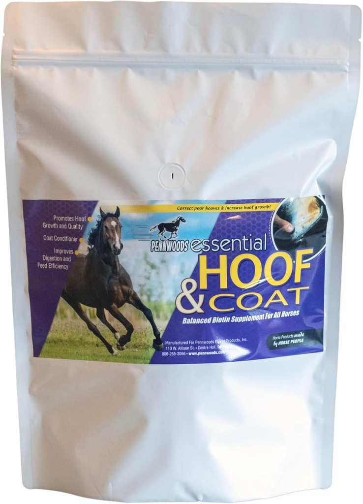 Pennwoods Estiest Hoof & Coat - Suplemen Kuda dengan Biotin untuk Perkembangan Equin Optimal Hof, Sehat Coat & Nutrasi Keseimbangan, 4lb Bag