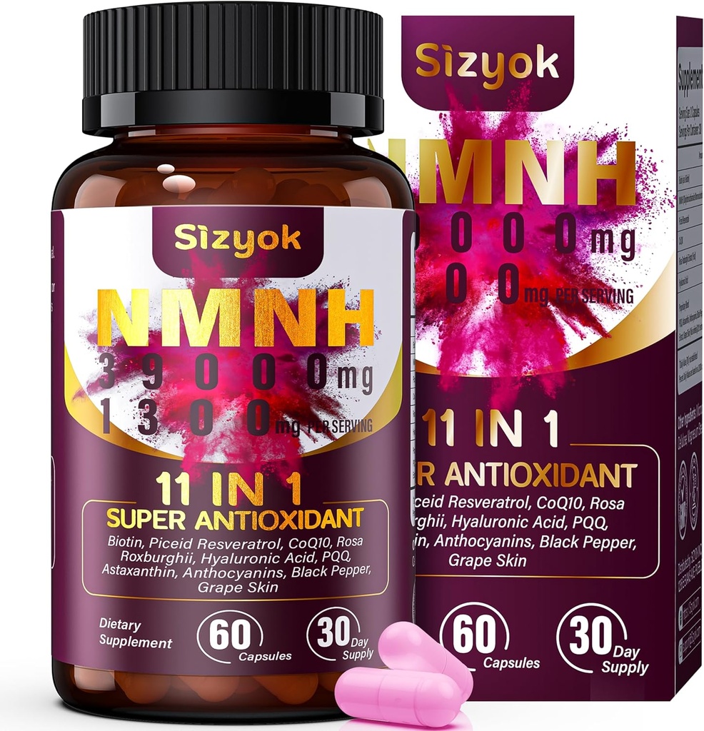Suplemen NMNH (Dihidronicotinamide Mononucleotide) 600mg NAD Tambahan dengan Resveratrol, CoQ10, Biotin & Hyaluronic Acid 124; Dukung Energi Sel, Metabolisme & Skin Wellness, 60 Capsules 124.