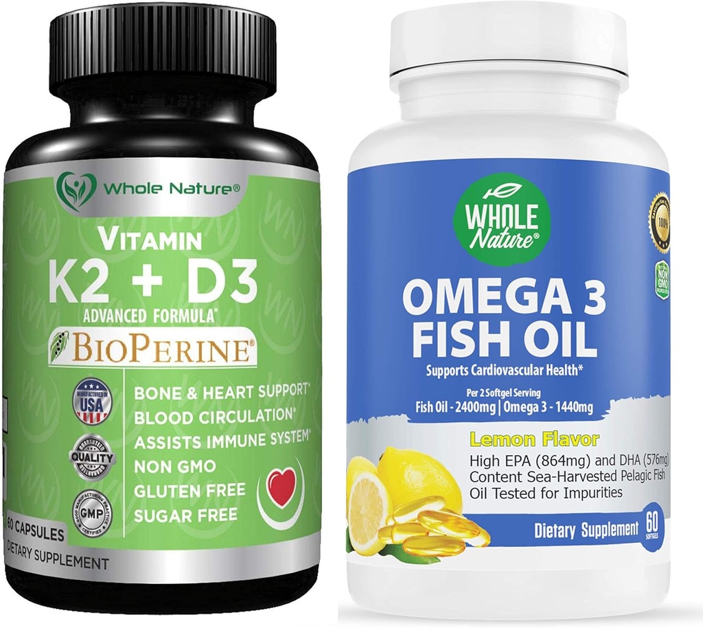 K2 + D3 dengan Bioperine Plus Kalsium Omega 3 Minyak Ikan yang Paling Efektif Bersama untuk Mendukung Hati & Bone Health, Joints dan Otak