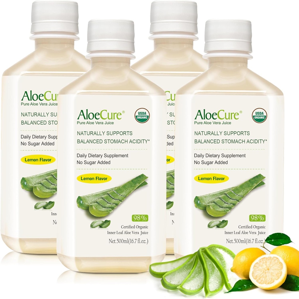 AloCure USDA Organic Aloe Vera Jumon Flavor - Made Inside 12 Hours of Harvest - Natural Digetical Suppplemen Attach Acidity - Dukung Digetile and Immune Health, 4 Btls x 16.7oz