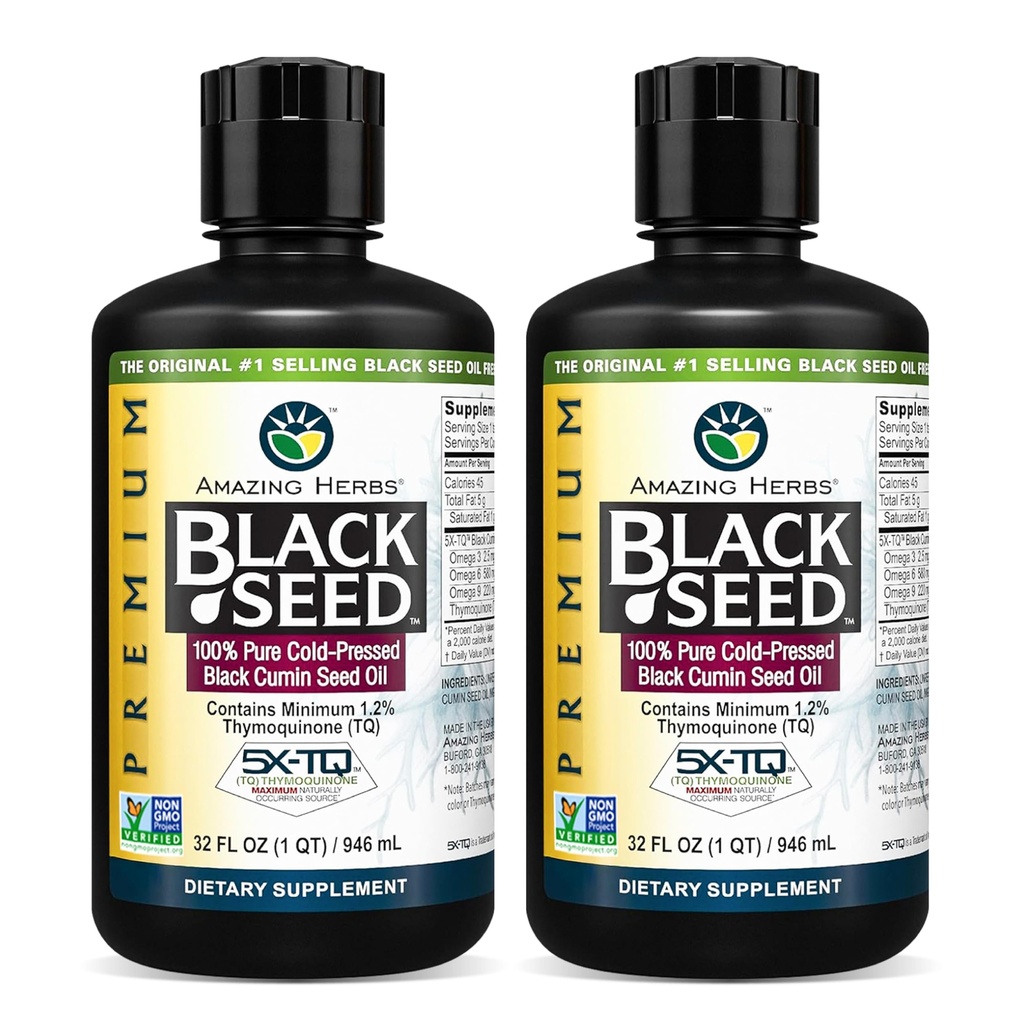 Amazing Herbs Premium Black Seed Oil - Cold Pressed Nigella Sativa Aids in Digetisy Health, Imune Support, Brain Fungsi, Gabungan Mobility, Gluten Free, Non GMO - 32 Fl Oz (Pack of 2)