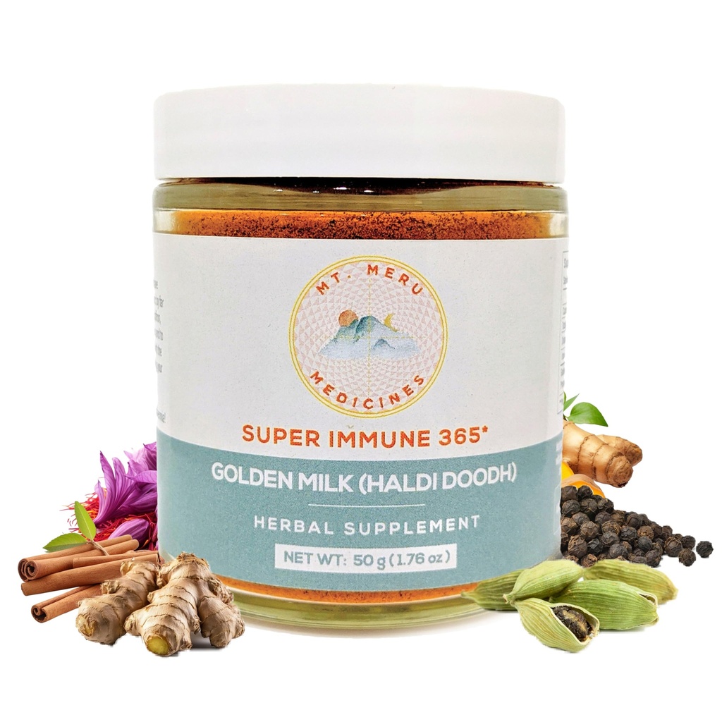 Mt.Meru Medicine Ayurvedic Haldi Doodh / Golden Milk Superblend- dengan Ammune Boosting Formula, Gluten- Free, untuk Kesehatan Otak, Gut Dukungan dengan Curcumin Lakadong Turmeric tinggi (1.76oz / 50g)