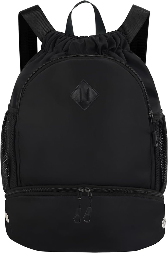 Drawstring Backpack Gym Backpack dengan Shoe Comment for Men Women String Sports Bag with Wet Pocket Celine Swiing Beach Bag, Black (Patent Mending)