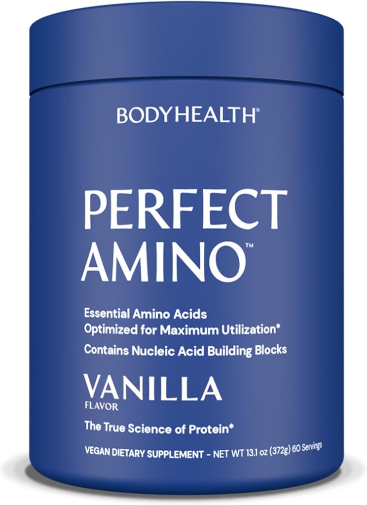 BodyHealth PerfectAmino Powder - BCAA dan bedak EAA untuk Pre dan Post Workout - Amino Acid Energy Minuman untuk Pria dan Perempuan untuk Mendukung Lean Muscle dan Pemulihan - Vanilla - 60 Servilla - 60 Servings