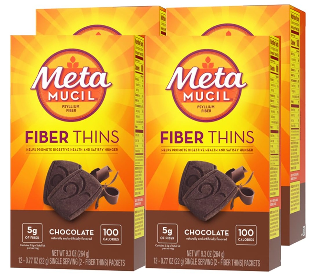 Metamucil, Fiber Thins, Daily Psyllium Husk Fiber Suplement, Support Digetical Health dan Memuaskan Hunger, Chocolate Flavor, 48 Total Servis (4 Paket 12)