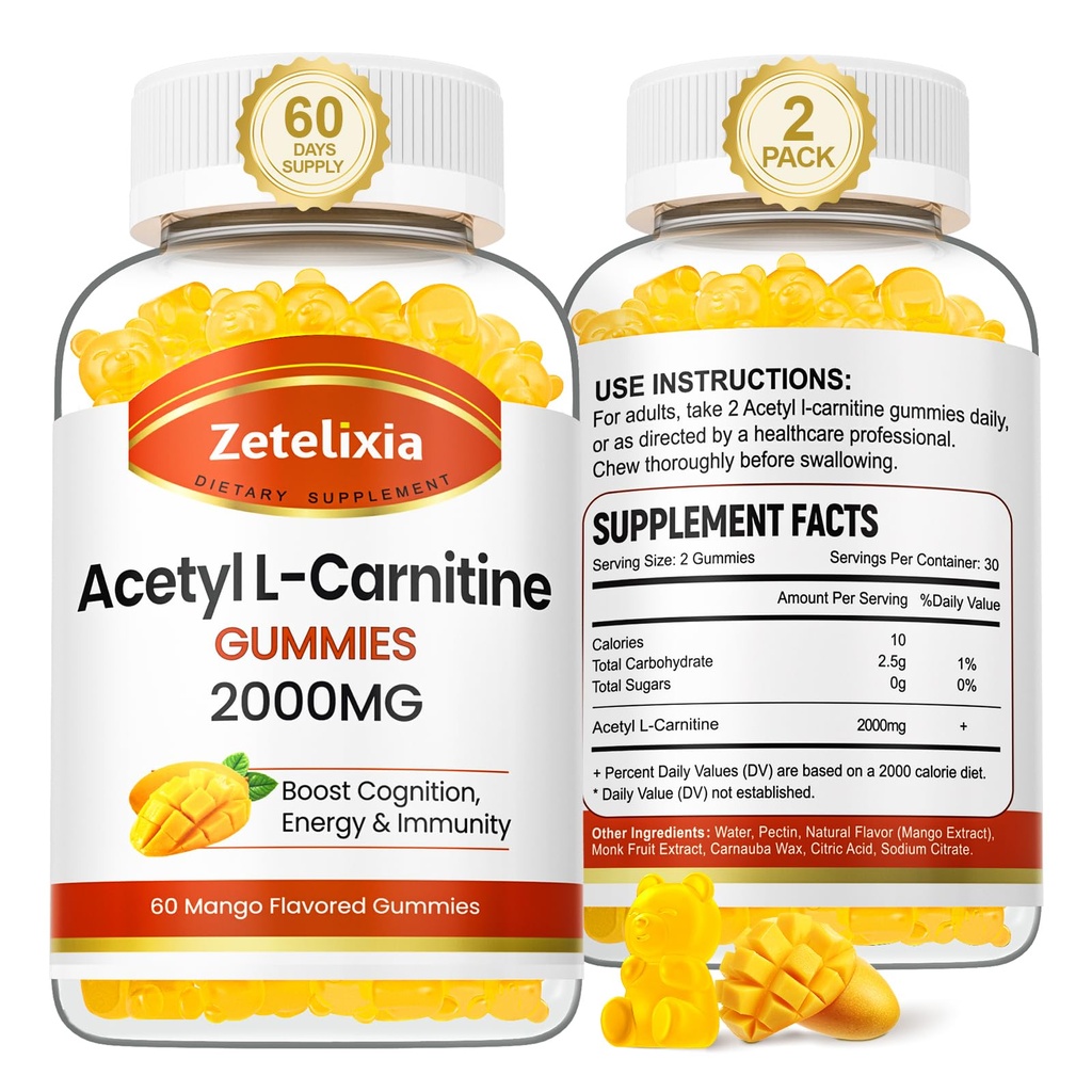 2 Pack Acetyl L- Carnitine Gummies, L- Carnitine Suplement for Women & Men, Nutrition Suplemen untuk Boost Energy, Imunitas & Kesehatan Otak, Vegan, Non-GMO, Mango Flavor, 120 Count