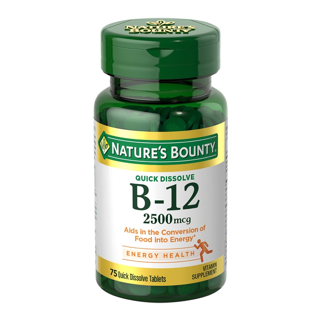 Nature 's Bounty Vitamin B12 2500 mcg, Cellular Energy Support, for Energy Metabolism, Heart & Gugup System Health, 75 Quick Dissolve Tablet