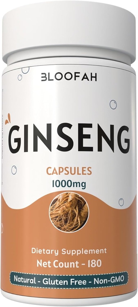 Ginseng Capsules 1000mg Powder 124; Panax Ginseng Herbal Suplemen 124; Natural, Non-GMO, Gluten-Free for Daily Wellness (180 Cacah (Paket 1)))
