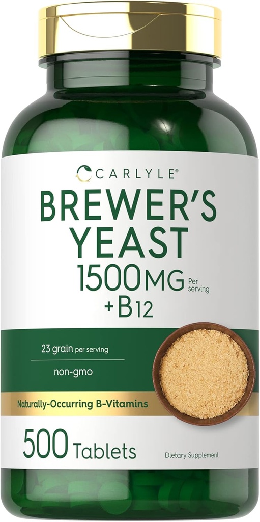 Carlyle Brewers Yeast Tablet dengan Vitamin B12 124; 1500mg 124; 500 Count 124; Non- GMO & Vegetarian Suplemen