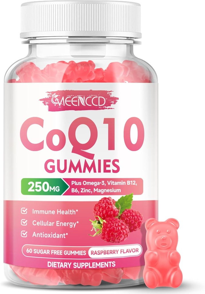 Sugar-Free CoQ10 Gummies 250mg, Koenzim Q10 Suplemen Plus Omega-3, Vitamin B6 & Zinc, Suplemen Absorpsi Tinggi CoQ10 untuk Dukungan Energi & Antioksidant, Raspberry Flavor, Segan 60Cts