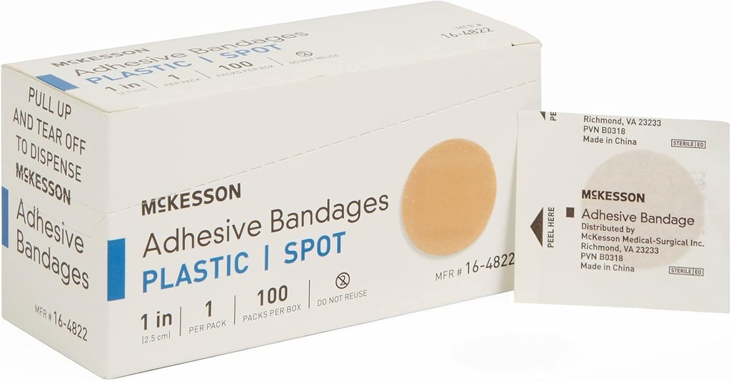 McKesson Adhesive Bandages, Sterile, Plastik Spot, 1 in, 100 Count, 24 Packs, 2400 Total