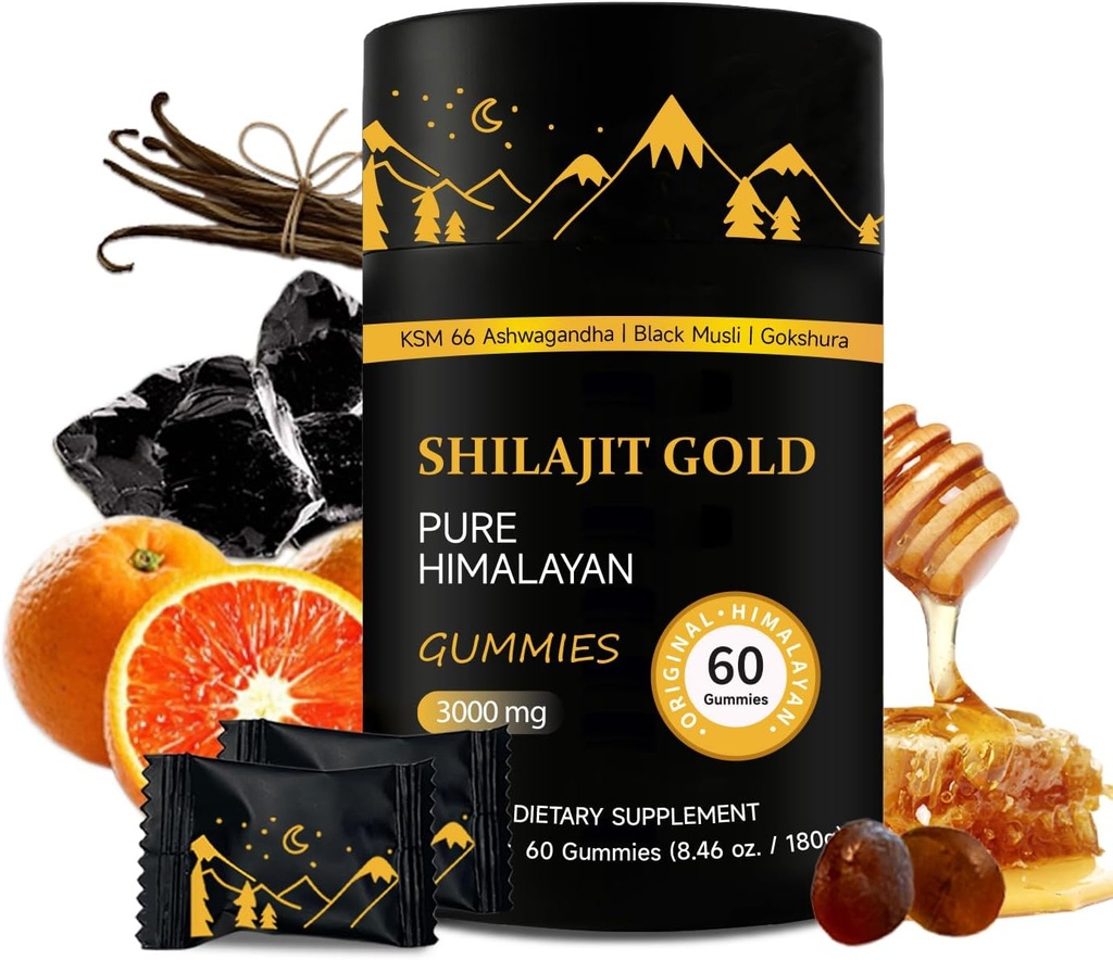 Shilajit Gummies 14; Pure Himalaya Shilajit Gummies Gold 12.4; Ashwagandha, Gokshura 12.4; Fulvic Acid & 85 + Trace Minadils for Men, Women 124; Nor-GMO Test 124; Lab