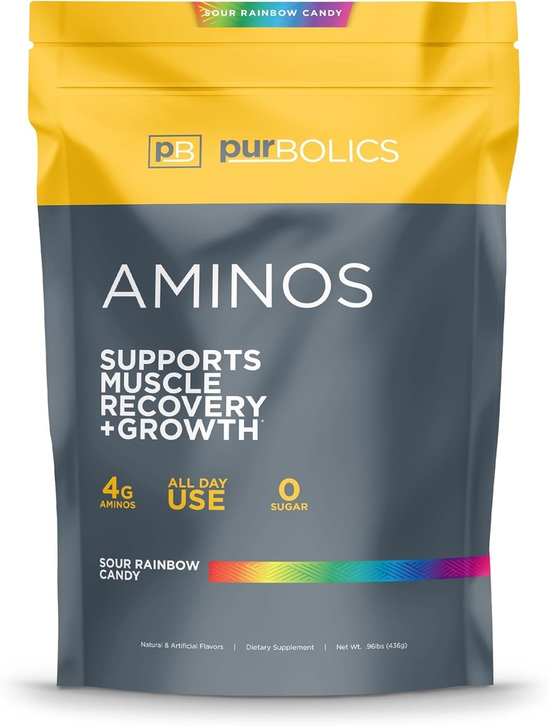 Purbolians Aminos 124; 4g of Free- Formulir Acids, Beta- Alanine, 0 Sugar & 60 Servings (Sour Rainbow Candy)
