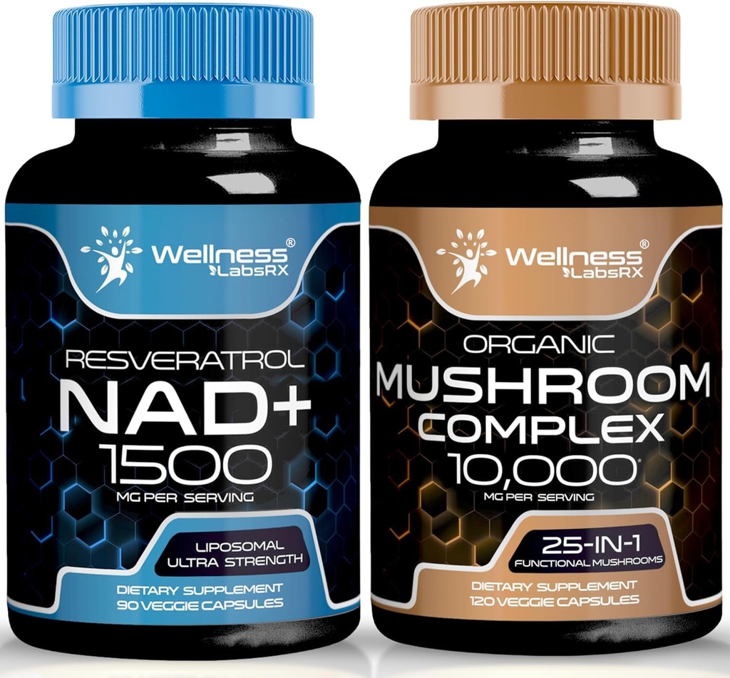 WELLNESS LABSRX NAD Suplemen, 1500 mg - Lipomal NAD + Tambahan dengan Resveratrol 124; Kompleks Jamur Organik - 1000mg - 25 dalam 1 Mushroom Kompleks Kapsul