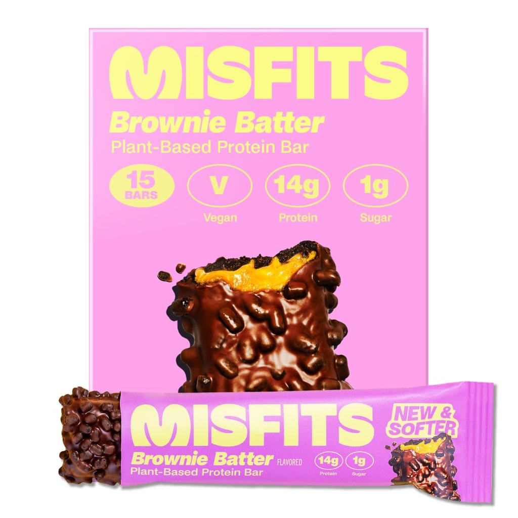 Misfits Vegan Protein Bars, Brownie Batter - Updated Recipe 124; Plant Based, Low Sugar & Carb, High Fiber Snacks 124; Pack of 15
