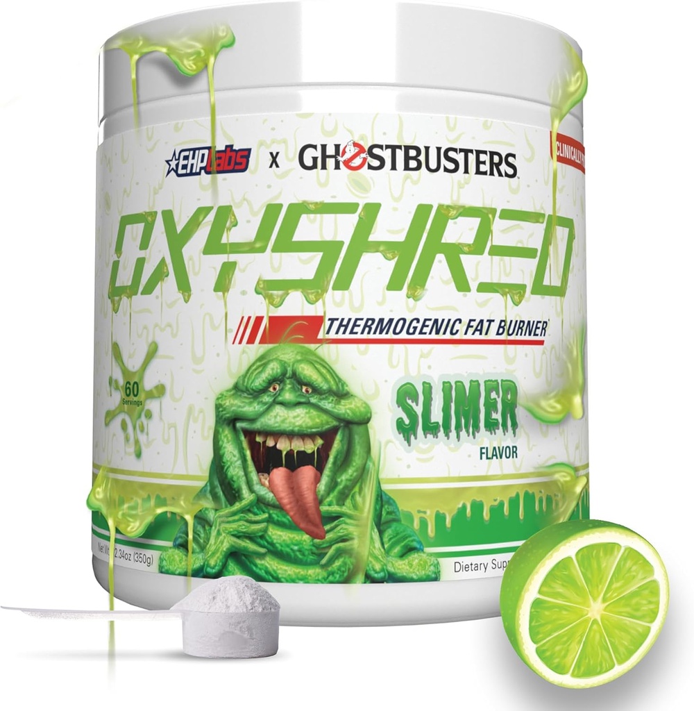 EHP LABS Ghostbusters OxyShred Thermogenic Pre Workout Powder & Shredding Suplement - Clinically Proven Pretraining Pooder with Acetyl L Carnitine, Energy Boost Drink - Slimer Lime, 60 Servings