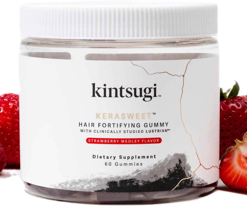 Kintsugi KeraSweet Hair Membentuk Gummy- Bantuan Tanda-tanda Tempur Aging Rambut, Tambahan untuk Strong, Voluminous Strand- Pendukung Kesehatan, Fuller Mencari Rambut / B12, Saw Palmetto, ACV (Strawberry, 60ct)