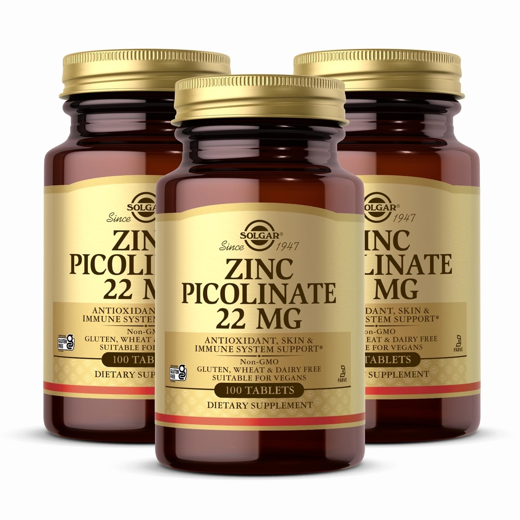 Solgar Zinc Picolinate 22 mg, 100 Tablet (Paket 3) - Promotes Healthy Skin - Mendukung Sistem Imune, Normal Taste & Vision - Non-GMO, Vegan, Gluten Free, Kosher - 300 Total Servis