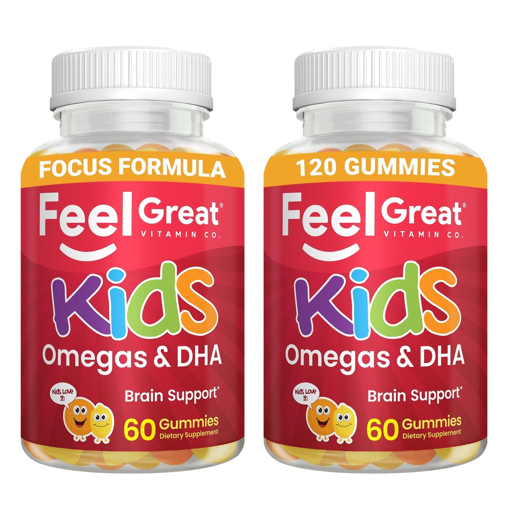 Rasakan Anak Vitamin Besar DHA Gummies dengan Omega 3 6 9, Vitamin C (2- Pack); Pasokan Fungsi Otak Sehat, Vision & Heart Health 124; Gluten Bebas, Vegetarian 124; 60 Gummies