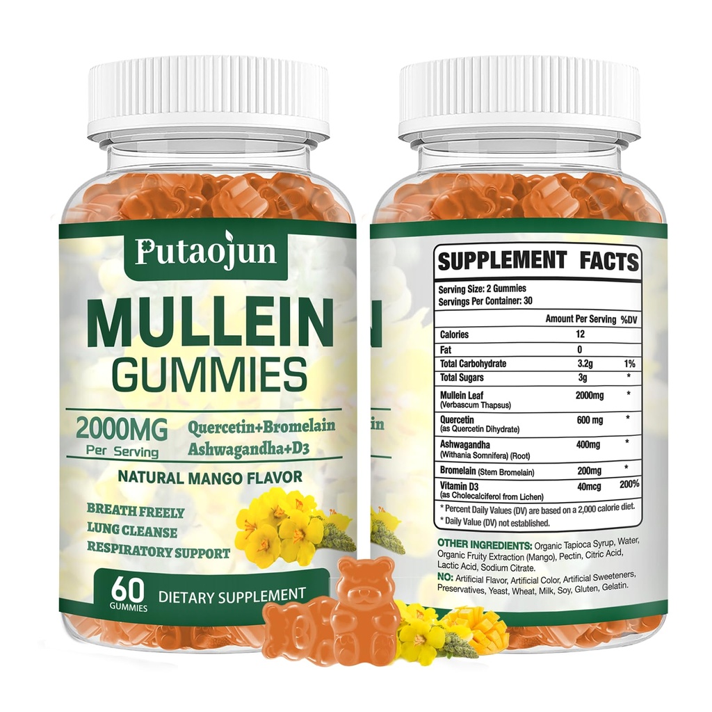 Mumlein Gummies for Lung Cleanse 124; Organic Imuniune Support 124; 2000mg Respiration Health Gummies; Mango Flavor, Non-Sticky 124; Lung Health, Sinus Relief 124; Mullein Leaf Extract 124; 1 Pack