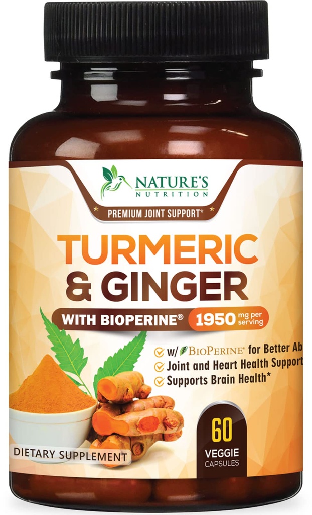 Suplemen Turmeric Curcumin 1950mg - 95% Curcuminoid dengan Organic Turmeric & Ginger, BioPerine Black Pepper untuk Absorpsi Terbaik, Dukungan Bersama Vegan Alam, Non-GMO, Botol di Amerika Serikat - 60 Kapsul