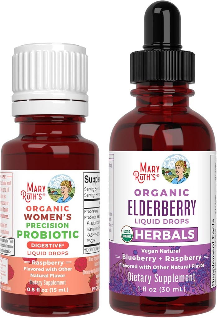 MaryRuth Organics Precision Probiotic for Women (Raspberry) & Elderberry Drops (Blueberry) 124; USDA Organik 124; Vitamin for Gut Health, Imunitas, & Overall Wellness 124; Vegan, Non-GMO, Gluten Free
