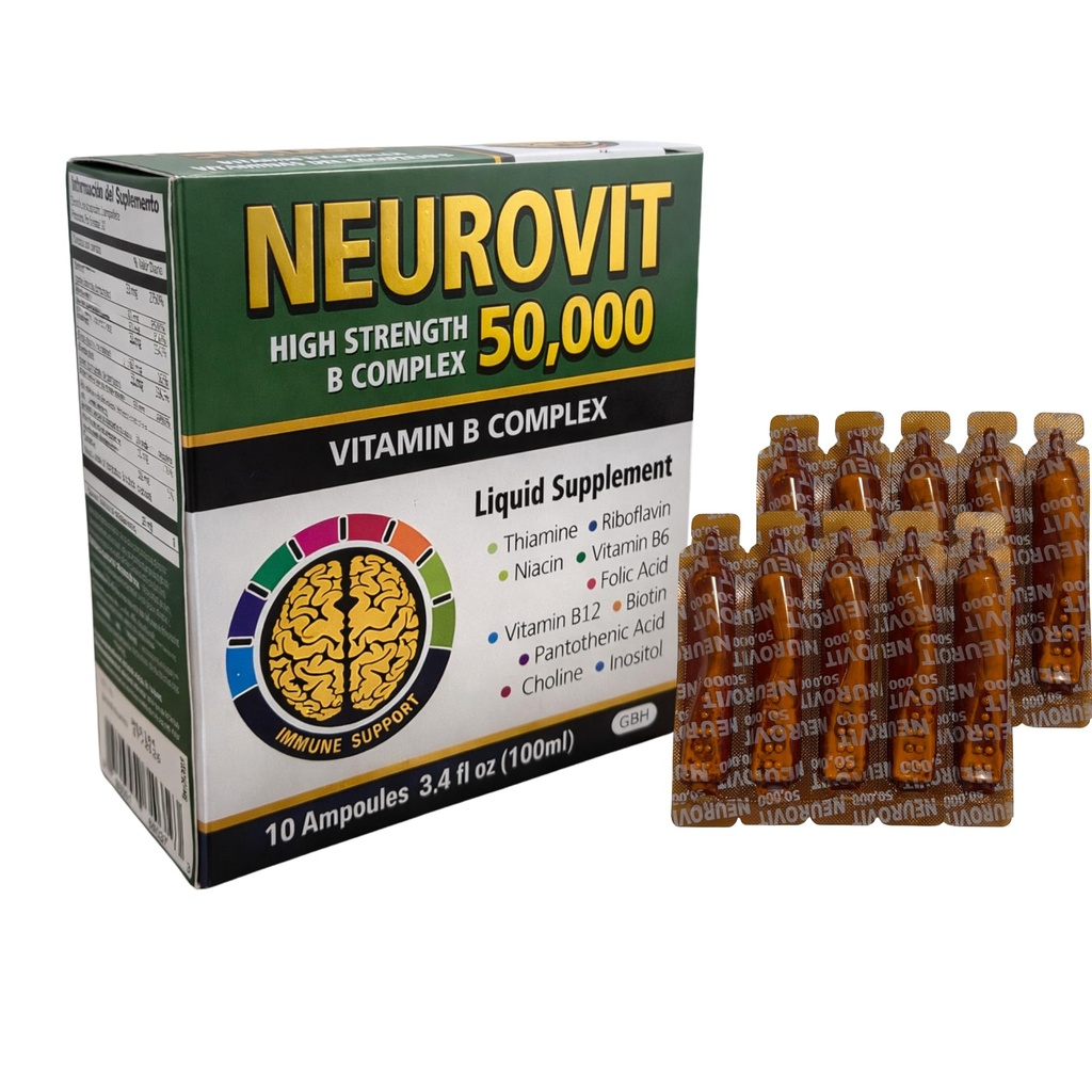 50.000 Vitamin B Tingkat Tinggi Suplemen Kompleks Fiquid, Brain & Nervous System Strengthening, 10 Amploules, 3.4 quid oz (100ml), Abupsi Rapid, Non-GMO, Gluten- Free