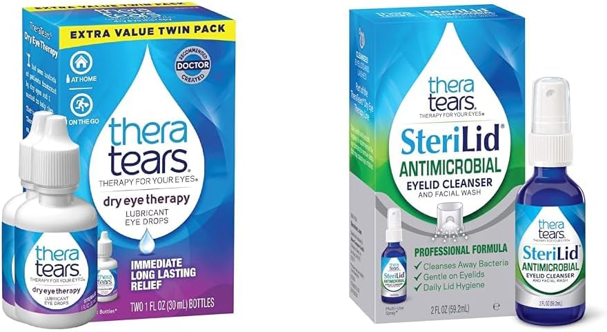 TheraTears Dry Eye Therapy Lubricating Eye Drops for Dry Eyes, 1 fl oz Bottle Twin Pack & SteriLid Eyelid Cleanser dan Face Wash, for Irroted Eyes, 2 fl oz Semy