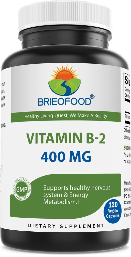 Brieofood Vitamin B2 (Riboflavin) 400mg, 120 Veggie Capsules - Gluten Free, Non- GMO