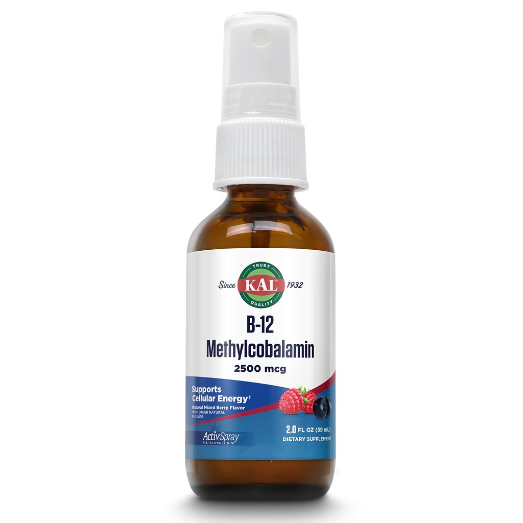 KAL Vitamin B12 Methylcobalamin ActivSpray 2500mcg, Healthy Energy, Metabolisme, Nerve & Red Blood Cop Support,