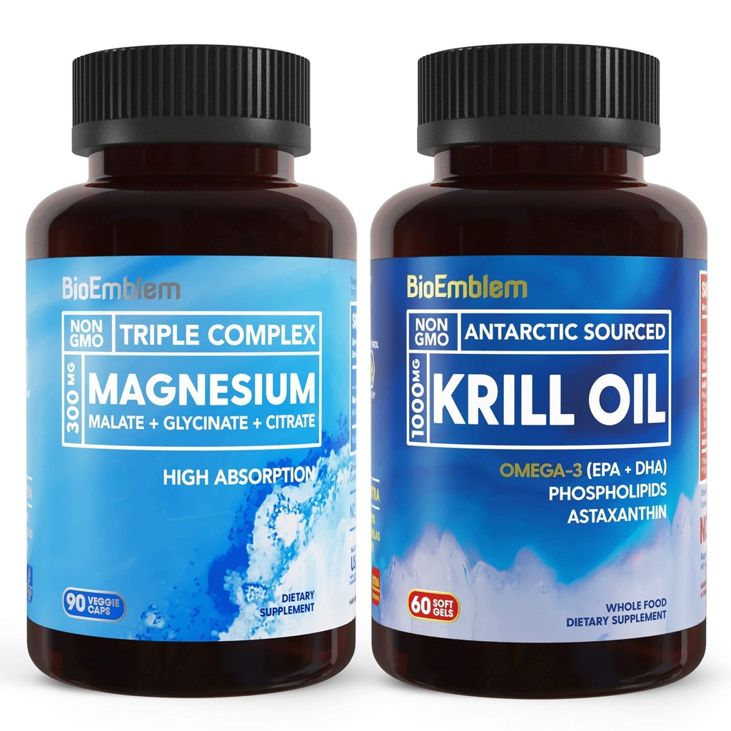 BioEmblem Triple Magnesium Complex dan Antartika Krill Oil, Support Sleep and Brain Health, Heart and Joint Health, Promoses Cardiovaskular Health, and Support Relaxation