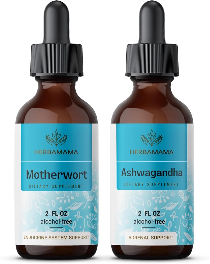 HERBAMAMA Herbal Drops Kit - Bundle of Motherwort Extract & Ashwagandha Tincture oz - Vegan, Non-GMO, Sugar & Alcohol-Free - 2 Pack