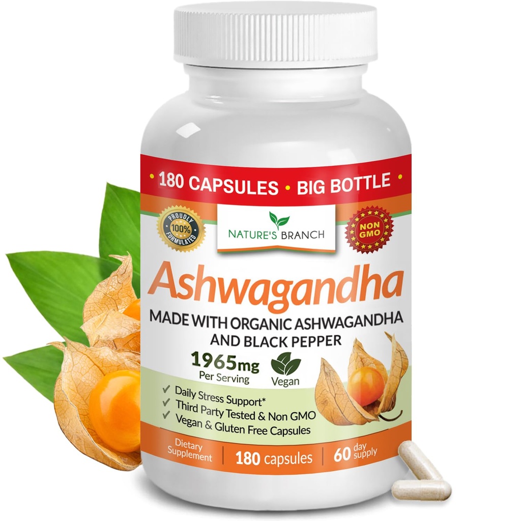 UDAF Verifikasi Organik Ashwagandha dengan Black Pepper - 180 Capsules - 1965mg Kekuatan Ekstra untuk Stres, Tidur, Mood, Thyroid, Fokus, Rambut, Vegan Root Extract Powder - Pria dan Perempuan Suplemen