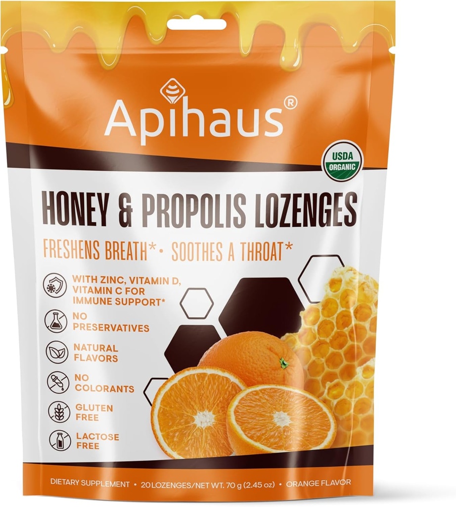 Honey and Propolis Lozenges Orange Flavor, Freshes Breath - Soothes a Throat - Ammune Support with Vitamin C, Vitamin D dan Zinc, 20 Count