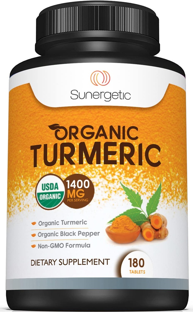 Sunergik USDA Bersertifikat Turmeric Suplemen Organik - Termasuk Turmeric Turmeric & Organic Black Pepper - 1.400mg Turmeric per Serving - 180 Count (Paket 1)