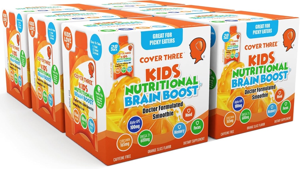 Liver Three Supplemen untuk Anak Tambahan Otak Smoothie, Omega 3 Liquid Chidrens DHA Fish Oil, Health Kids Fokus dan Perhatian, Dukungan Emosional, 20 Pouches, Paket 6