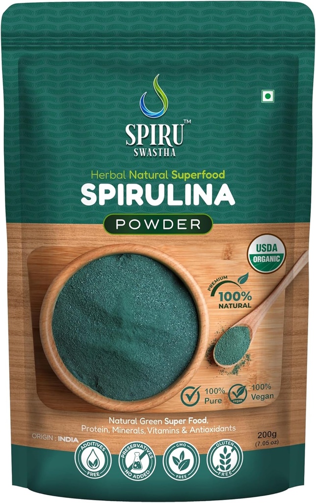 Bubuk Spirulina organik, 100% Vegan, Herbal Natural Food dengan Protein, Vitamin, Mineral, Non-GMO, Non-IrDA Disertifikasi (200 Gram)