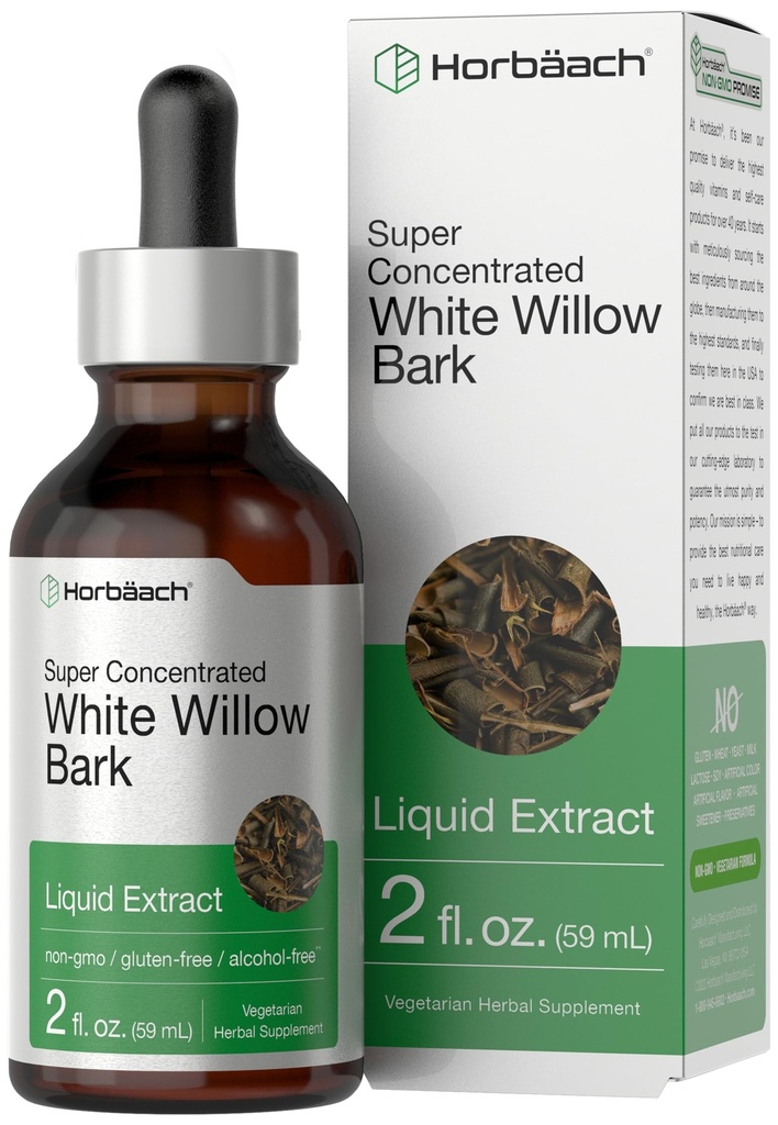 Horbäach White Willow Bark Extract Taincture 124; 2 Fl oz 124; Alkohol Free Liquid Suplement Supplement Hober. super konsentrasi 124; Vegetarian, Non-GMO, Gluten Free