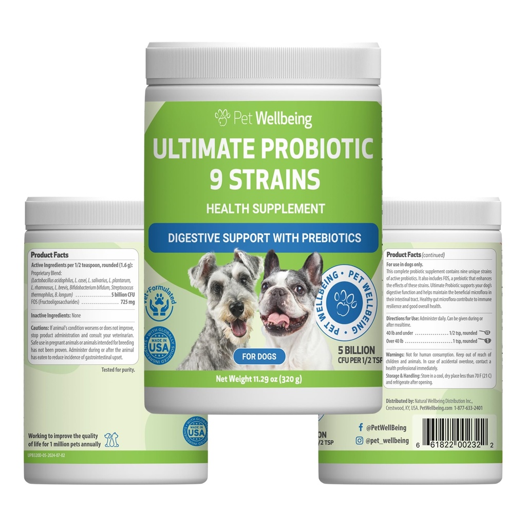 Pet Wellsbeing Probiotic 9 Strains for Dogs & Cats - Support The Gut Microbiome and Ditraffic, Immune System Care, Urinary Tract Health, FOS, 2,5 miliar CFU - 1129 oz (320 g) Powder
