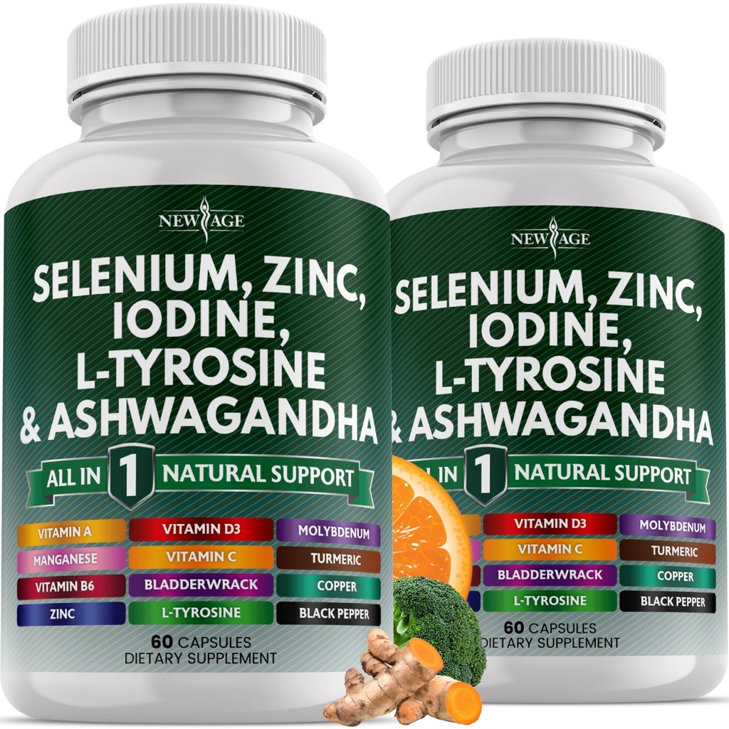 Selenium Baru, Zinc, Iodin, L Tyrosine, Ashwagandha - Suplemen untuk Perempuan dan Pria dengan Bladdercrack, Turmeric, Silica Kelp, Schisandra - 120 Count