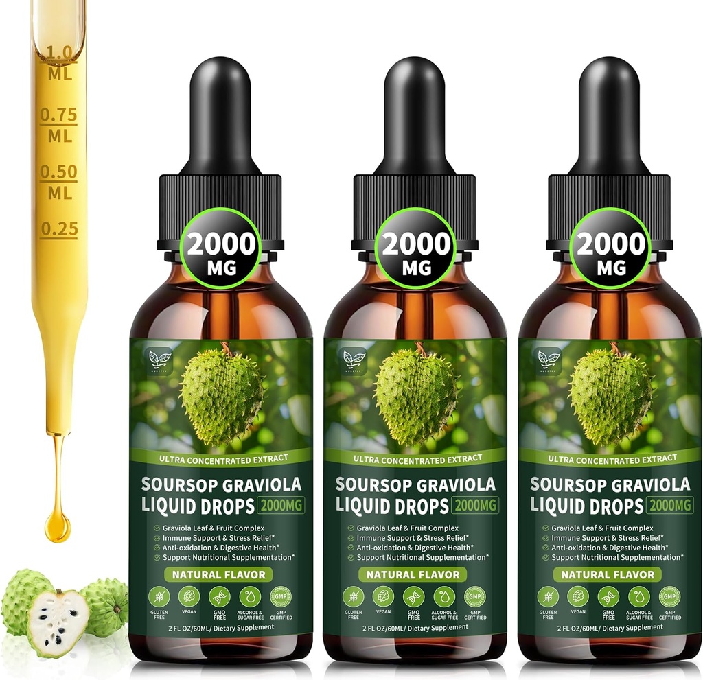 (3 Paket) Soursop Graviola Liquid Drops 2000mg, 98% Absorpsi untuk Dukungan Sel & Regenerasi, Ammune Boost, Liver, Herbal Kebaikan, Soursop Bitquid- Sugar / Gluten Bebas, Natural Flavor, 6 Fl Oz