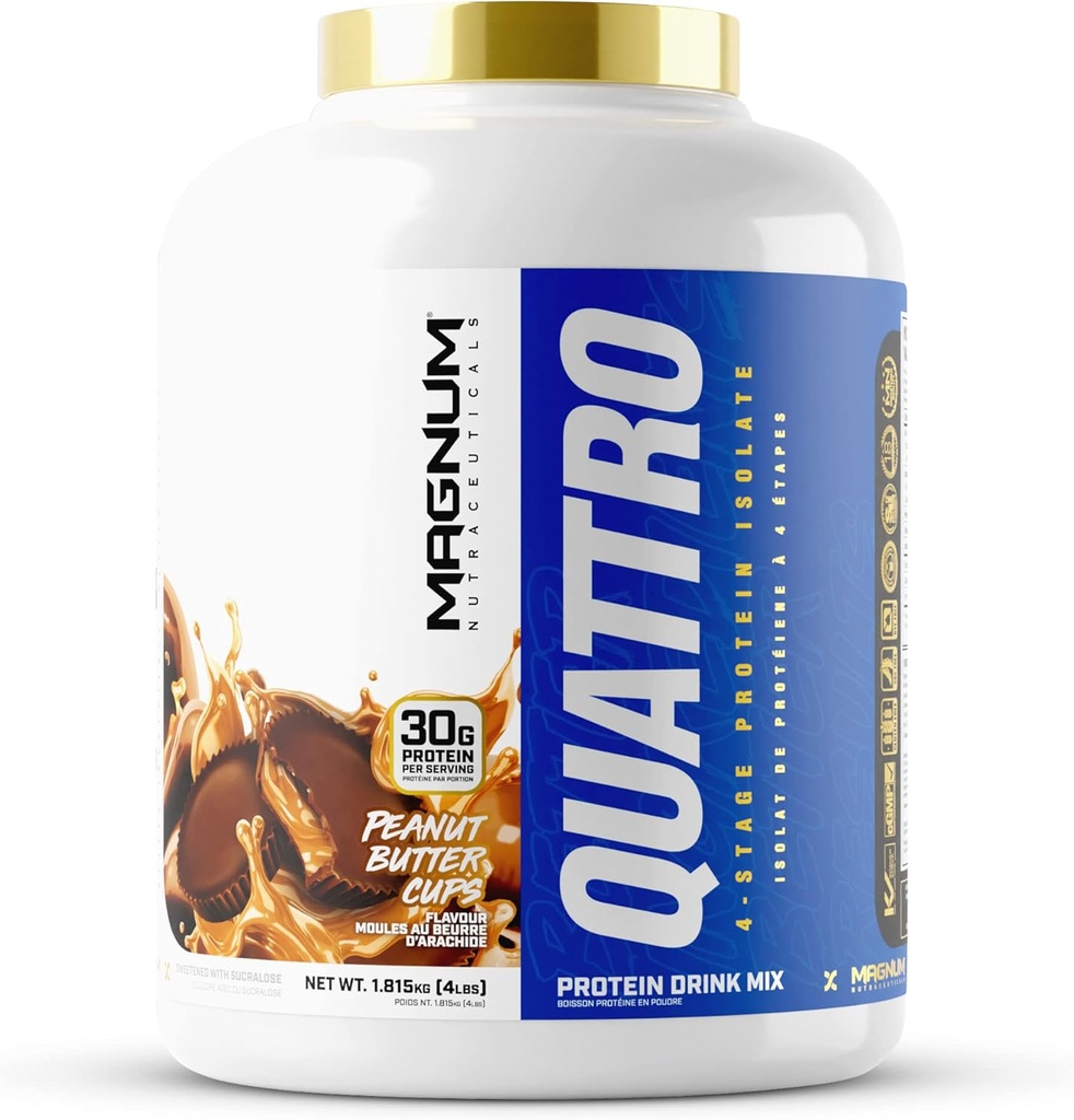 Magnum Nutraceuticals Quattro Whey Protein Powder, Peanut Butter Cup 4lb - Premium Protein Isolate Blend for Muscle Growth & Recovery