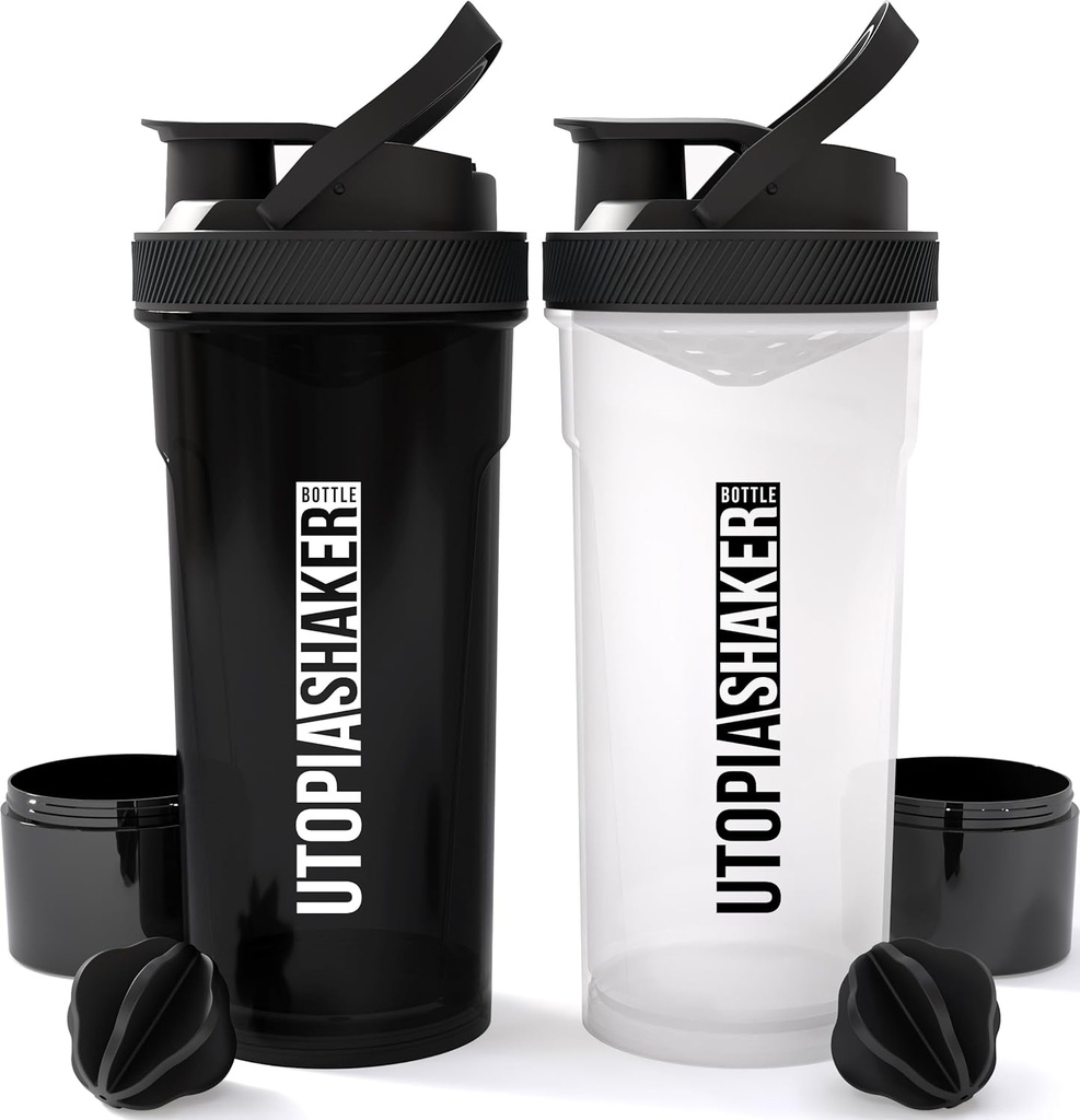Utopia Home Shaker Bottle 2 Pack - 24 Ounce Plastic Protein atau Cocktail Shake Bottle untuk latihan Pre & Post dengan Penyimpanan Kotak Protein Twist & Lock (All Black & Clear / Black)
