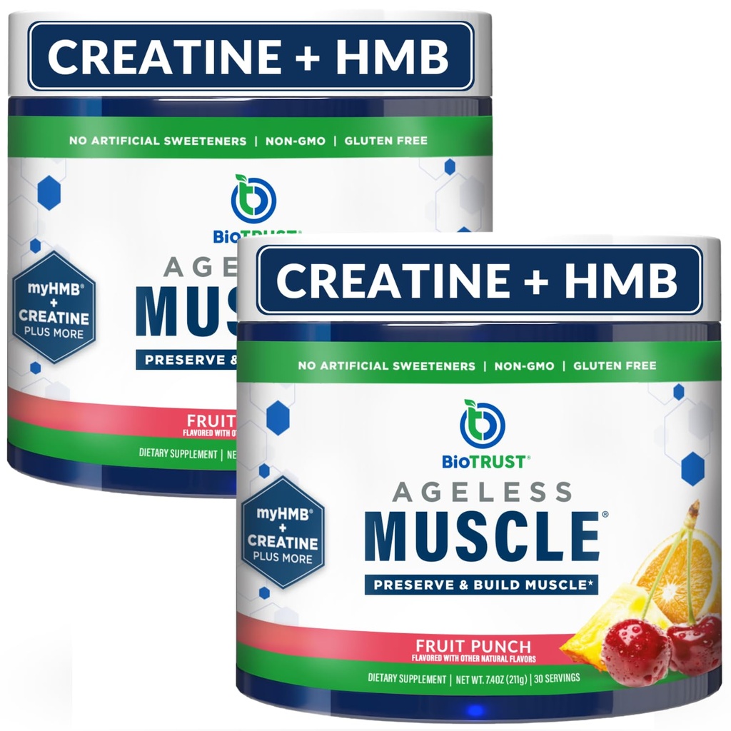 BioTrust Agneless Muscle Builder - Cretine HMB Powder with Vitamin D3 & Betaine - Build & Preserve Alaminst Deparing Muscle Mass & Power - Fruit Punch, 60 Servings