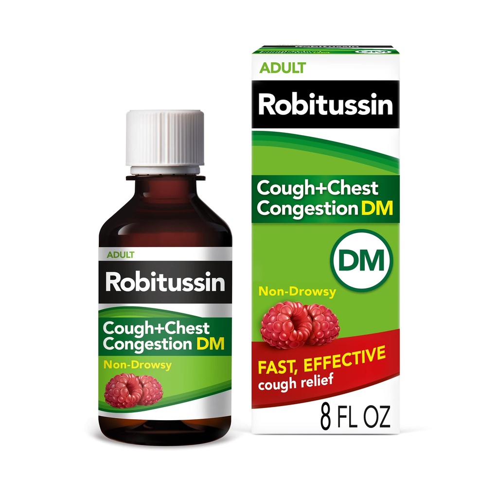 Robitsin Cough and Chest Contraffic DM, Batuk Suppresan dan Expectorant, Raspberry Flavor - 8 Fl Oz Bottle