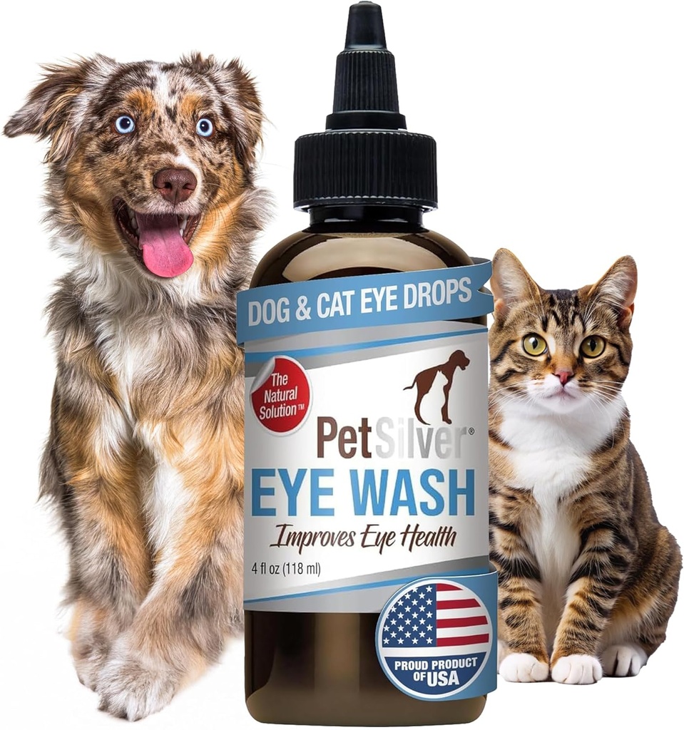 PetSilver Eye Drops for Dogs and Cats - Natural Dog Eye Eye Wash - Relief for Inflammation & Irritation - Pet Eye Cleaner and Tear Stain Remover - Patented Silver Formula - Made in The USA - 4 fl oz