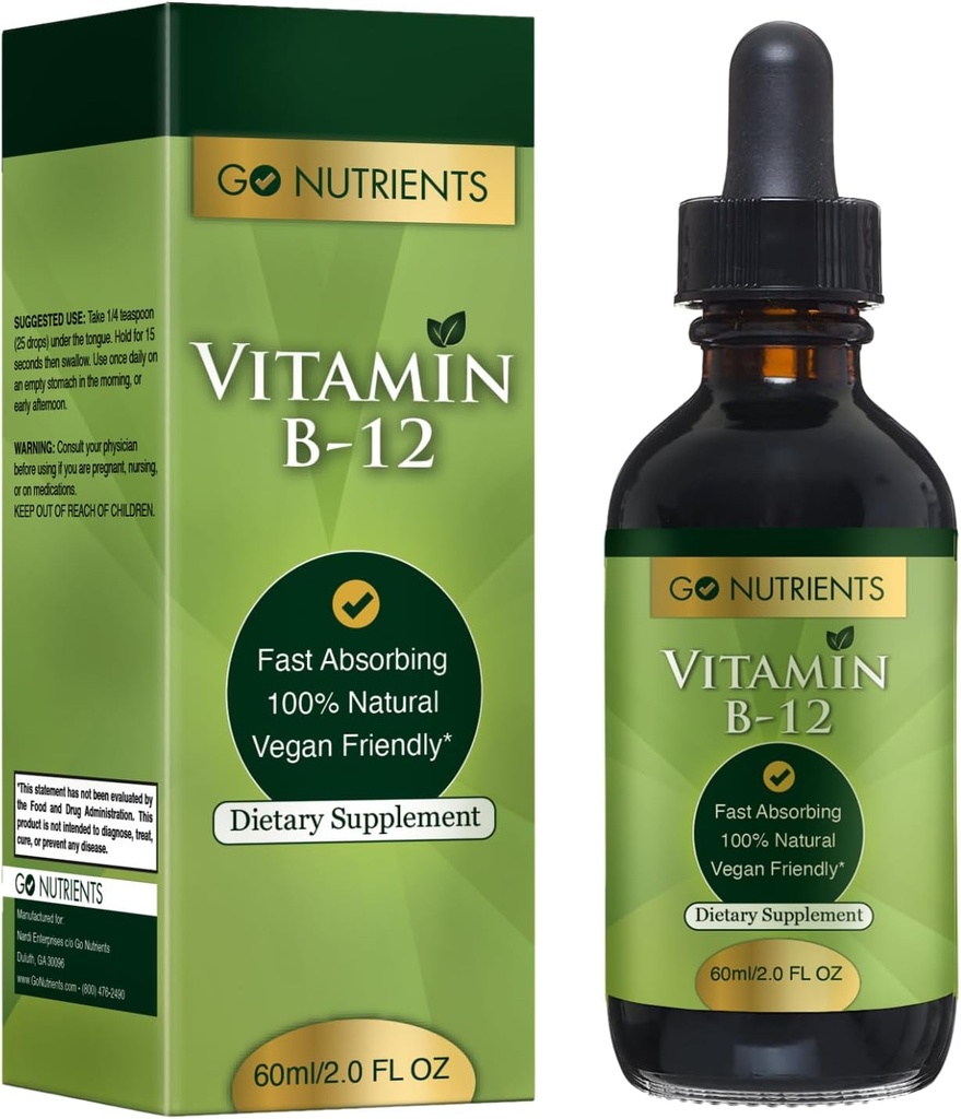 Go Nutrients Vitamin B12 Sublingual Methylcobalamin - B-12 Liquid Drops 3000mcg, Organic Raspberry Flavor, Vegan - Supports Energy, Nerve Health & Red Blood Cell Formation - 2oz (48 Servis)