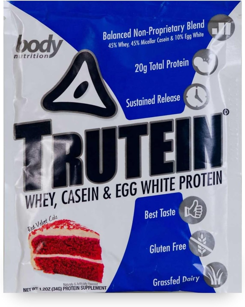 Powder Protein Tinggi Body Nutrition: 45% Whey, 45% Casein, 10% Egg White, Gluten- Free, Low Sodium, Grass Fed Whey Protein Powder, Gym Suplemen & Breakfast, Red Velvet Cake, 34g Sample