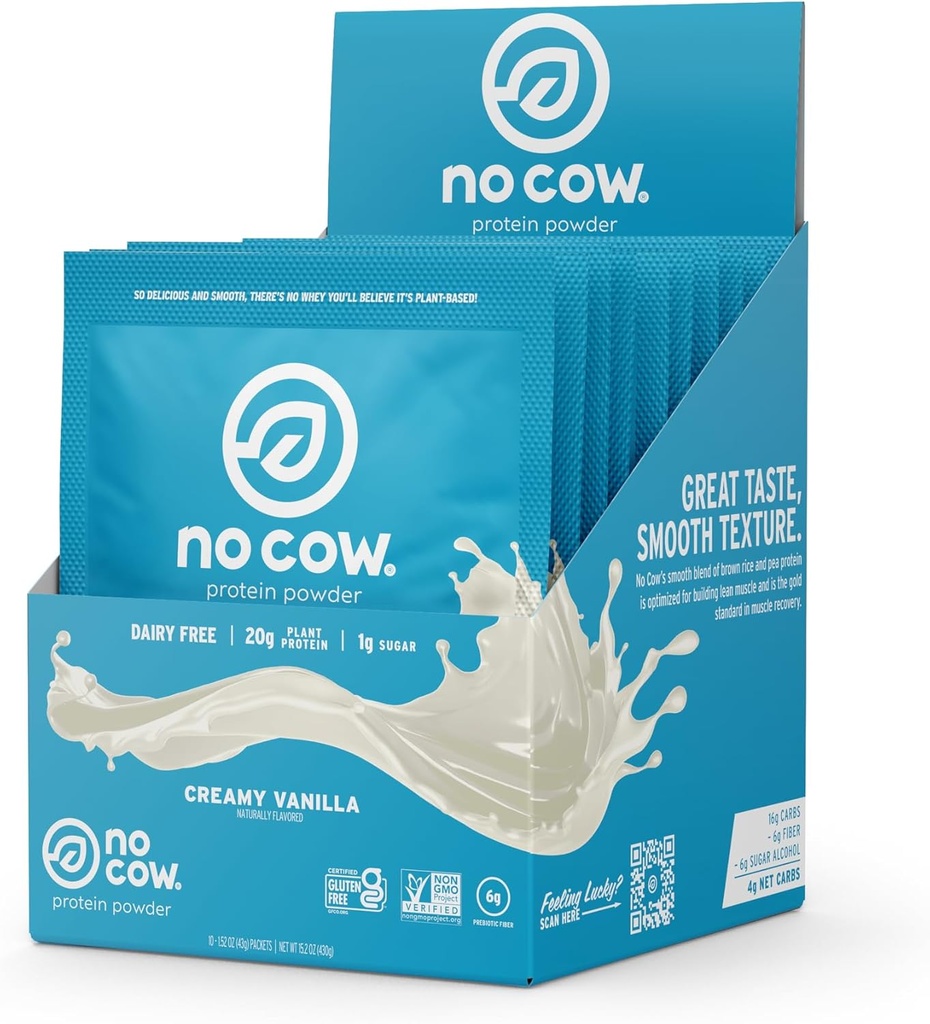 Cow Vegan Protein Powder, Vanilla, 20g Plant Based Protein, Save Packets, Dairy Free, Soy Free, No Sugar Added, Keto Frid, Gluten Free, Alamly Sweetened, Non GMO, Kosher, 10 Count