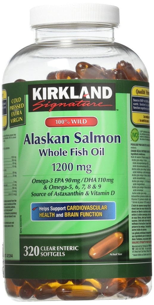 Kirkland Signature 100% Wild Alaska Minyak Salmon 90 EPA 110 DHA 1200mg - 320 Softgels Coated Softges